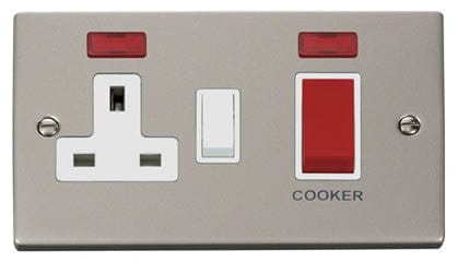 Pearl Nickel Cooker Control 45A With 13A Switched Plug Socket & 2 Neons - White Trim - SE Home