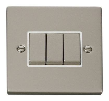 Pearl Nickel - White Inserts Pearl Nickel 10A 3 Gang 2 Way Ingot Light Switch - White Trim