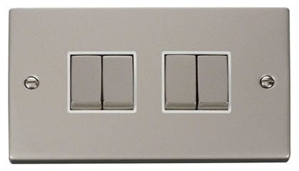 Pearl Nickel - White Inserts Pearl Nickel 10A 4 Gang 2 Way Ingot Light Switch - White Trim