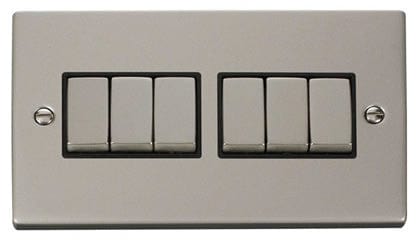 Pearl Nickel 10A 6 Gang 2 Way Ingot Light Switch - Black Trim - SE Home