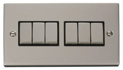 Pearl Nickel - Black Inserts Pearl Nickel 10A 6 Gang 2 Way Ingot Light Switch - Black Trim