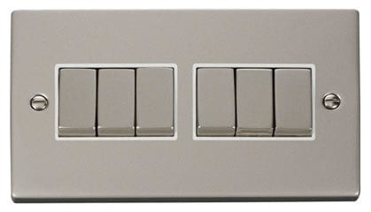 Pearl Nickel 10A 6 Gang 2 Way Ingot Light Switch - White Trim - SE Home