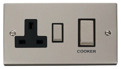 Pearl Nickel Cooker Control Ingot 45A With 13A Switched Plug Socket - Black Trim - SE Home