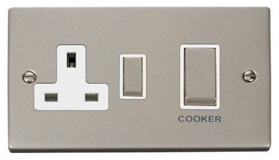 Pearl Nickel - White Inserts Pearl Nickel Cooker Control Ingot 45A With 13A Switched Plug Socket - White Trim