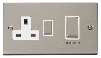 Pearl Nickel Cooker Control Ingot 45A With 13A Switched Plug Socket - White Trim - SE Home