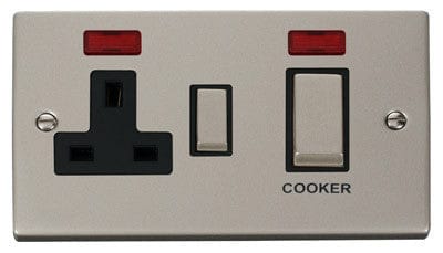 Pearl Nickel Cooker Control Ingot 45A With 13A Switched Plug Socket & 2 Neons - Black Trim - SE Home