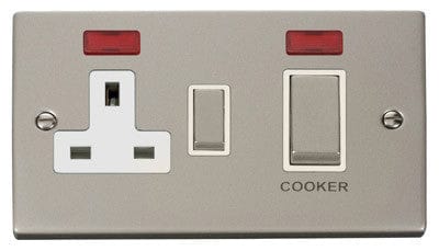 Pearl Nickel Cooker Control Ingot 45A With 13A Switched Plug Socket & 2 Neons - White Trim - SE Home