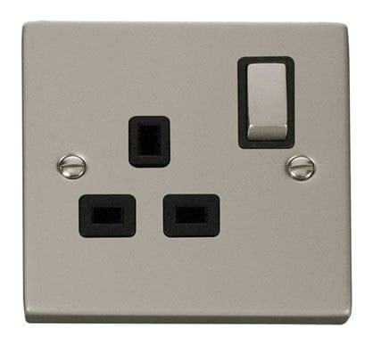 Pearl Nickel 1 Gang 13A DP Ingot Switched Plug Socket - Black Trim - SE Home