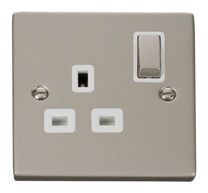 Pearl Nickel 1 Gang 13A DP Ingot Switched Plug Socket - White Trim - SE Home