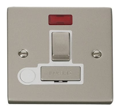 Pearl Nickel 13A Fused Ingot Connection Unit Switched With Neon With Flex - White Trim - SE Home