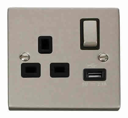Pearl Nickel 1 Gang 13A DP Ingot 1 USB Switched Plug Socket - Black Trim - SE Home