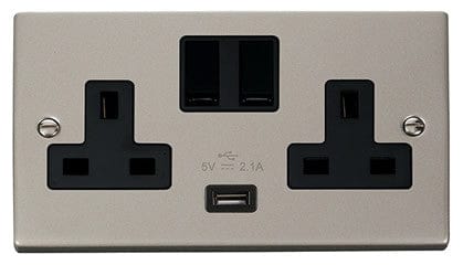 Pearl Nickel 2 Gang 13A 1 USB Twin Double Switched Plug Socket - Black Trim - SE Home