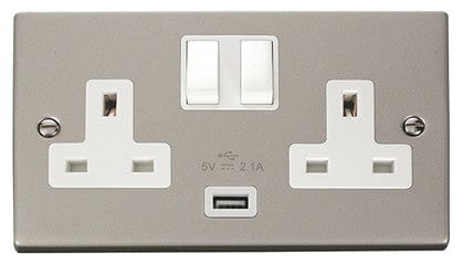 Pearl Nickel 2 Gang 13A 1 USB Twin Double Switched Plug Socket - White Trim - SE Home