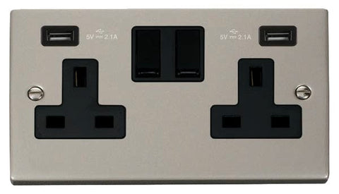 Pearl Nickel 2 Gang 13A 2 USB Twin Double Switched Plug Socket - Black Trim - SE Home