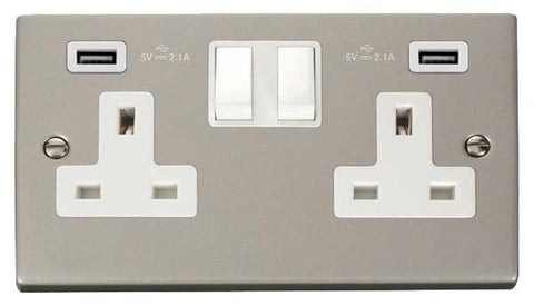 Pearl Nickel - White Inserts Pearl Nickel 2 Gang 13A 2 USB Twin Double Switched Plug Socket - White Trim