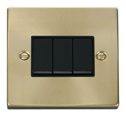 Satin Brass 10A 3 Gang 2 Way Light Switch - Black Trim - SE Home