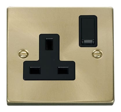Satin Brass 1 Gang 13A DP Switched Plug Socket - Black Trim - SE Home