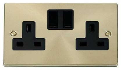 Satin Brass 2 Gang 13A Twin Double Switched Plug Socket - Black Trim - SE Home