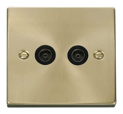 Satin Brass 2 Gang Twin Coaxial TV Socket - Black Trim - SE Home