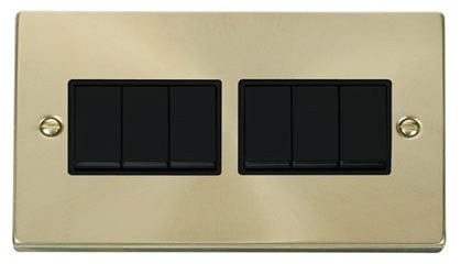 Satin Brass 10A 6 Gang 2 Way Light Switch - Black Trim - SE Home
