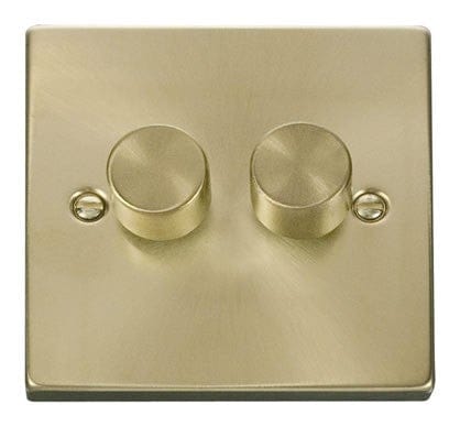 Satin Brass - Black Inserts Satin Brass 2 Gang 2 Way LED 100W Trailing Edge Dimmer Light Switch