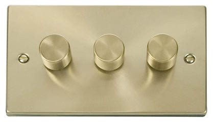 Satin Brass 3 Gang 2 Way LED 100W Trailing Edge Dimmer Light Switch - SE Home
