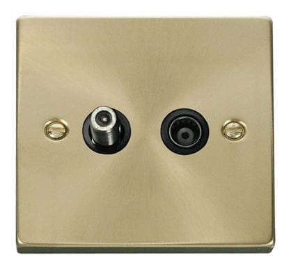 Satin Brass Satellite And Isolated Coaxial 1 Gang Socket - Black Trim - SE Home