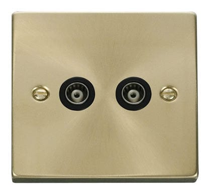 Satin Brass Twin Isolated Coaxial Socket - Black Trim - SE Home