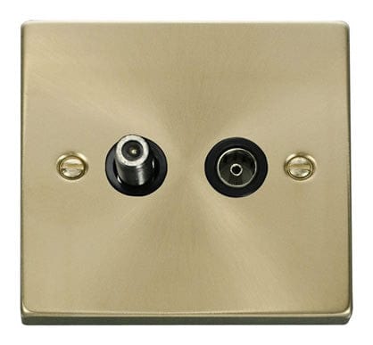 Satin Brass Satellite & Coaxial Socket 1 Gang - Black Trim - SE Home