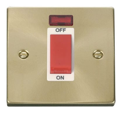 Satin Brass 1 Gang Size 45A Switch With Neon - White Trim - SE Home