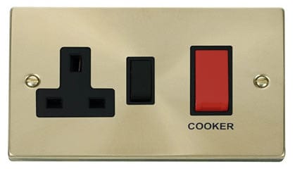 Satin Brass Cooker Control 45A With 13A Switched Plug Socket - Black Trim - SE Home