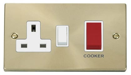 Satin Brass Cooker Control 45A With 13A Switched Plug Socket - White Trim - SE Home