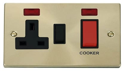 Satin Brass Cooker Control 45A With 13A Switched Plug Socket & 2 Neons - Black Trim - SE Home
