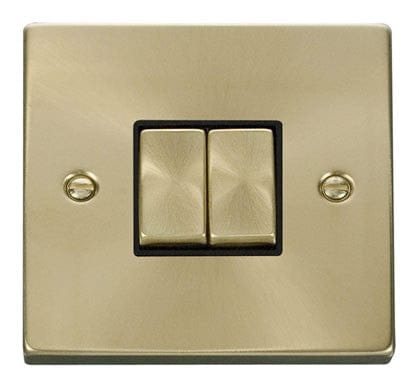 Satin Brass - Black Inserts Satin Brass 10A 2 Gang 2 Way Ingot Light Switch - Black Trim