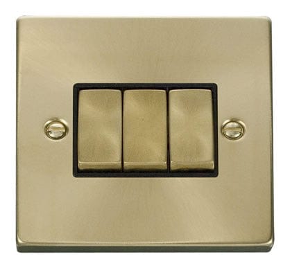 Satin Brass 10A 3 Gang 2 Way Ingot Light Switch - Black Trim - SE Home
