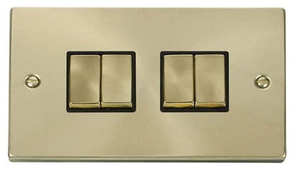 Satin Brass - Black Inserts Satin Brass 10A 4 Gang 2 Way Ingot Light Switch - Black Trim