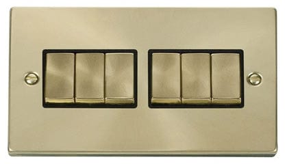 Satin Brass 10A 6 Gang 2 Way Ingot Light Switch - Black Trim - SE Home