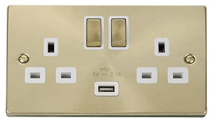 Satin Brass - White Inserts Satin Brass 2 Gang 13A DP Ingot 1 USB Twin Double Switched Plug Socket - White Trim