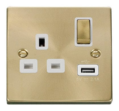 Satin Brass - White Inserts Satin Brass 1 Gang 13A DP Ingot 1 USB Switched Plug Socket - White Trim
