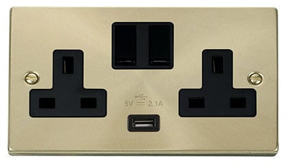 Satin Brass 2 Gang 13A 1 USB Twin Double Switched Plug Socket - Black Trim - SE Home