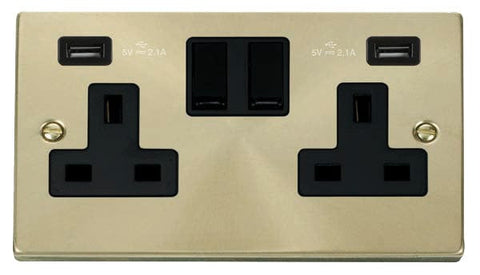Satin Brass 2 Gang 13A 2 USB Twin Double Switched Plug Socket - Black Trim - SE Home