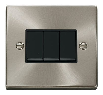Satin Chrome 10A 3 Gang 2 Way Light Switch - Black Trim - SE Home