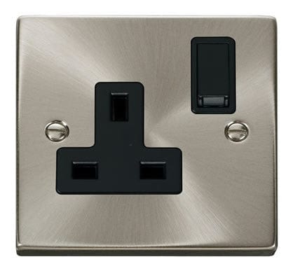 Satin Chrome 1 Gang 13A DP Switched Plug Socket - Black Trim - SE Home