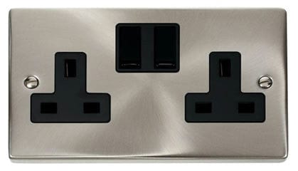 Satin Chrome 2 Gang 13A Twin Double Switched Plug Socket - Black Trim - SE Home