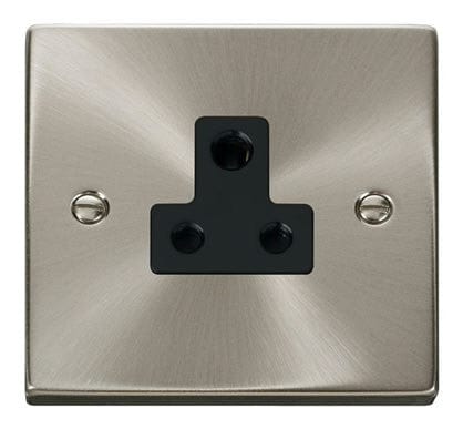Satin Chrome 1 Gang 5A Round Pin Socket - Black Trim - SE Home