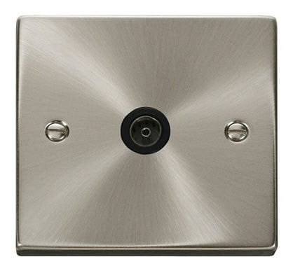 Satin Chrome 1 Gang Single Coaxial TV Socket - Black Trim - SE Home