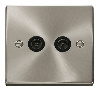 Satin Chrome 2 Gang Twin Coaxial TV Socket - Black Trim - SE Home