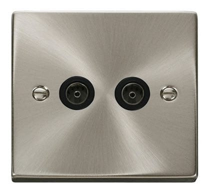 Satin Chrome - Black Inserts Satin Chrome 2 Gang Twin Coaxial TV Socket - Black Trim