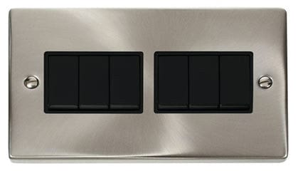 Satin Chrome 10A 6 Gang 2 Way Light Switch - Black Trim - SE Home