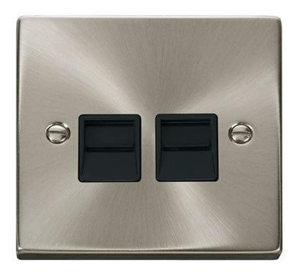 Satin Chrome Secondary Telephone Twin Socket - Black Trim - SE Home